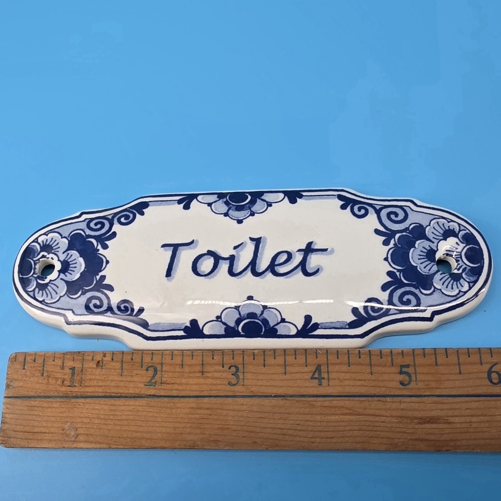 AGRO Delfts Blauw Toilet Wall Sign Floral Hand Painted Made In Holland 2.5" x 6" - Picture 7 of 9